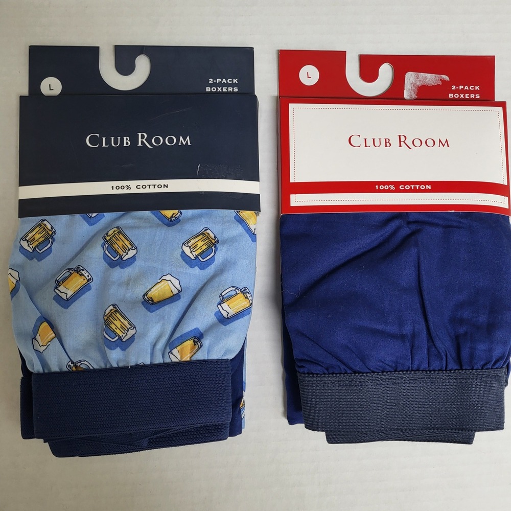 Lot of 2 Club Room Boxer Briefs 2 Pack Size L‎ Cotton Button Fly Beer Print Navy